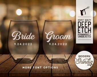 Bride and Groom Stemless Wine Glasses, Personalized with Wedding Date, Deeply Sandblasted Etched Wine Glasses, Custom Wedding Gift