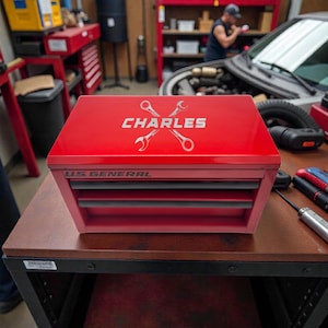 Puede incluir: Un cofre de herramientas rojo "US GENERAL" con cajones, personalizado con el nombre "CHARLES" y llaves cruzadas. El cofre está sobre una mesa marrón en un garaje.