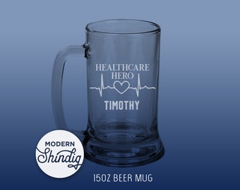Personalized Healthcare Hero Beer Mug, Etched Glass, Gift for Doctor Nurse