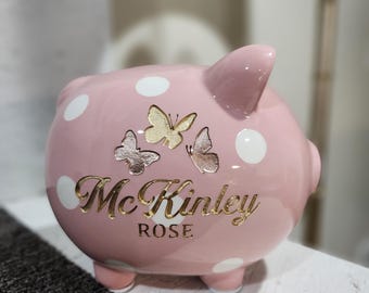 Personalized Etched Ceramic Piggy Bank, Baby Shower Gift