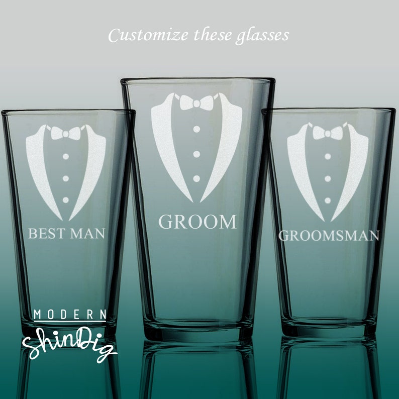 Etched Groomsman Pint Glasses Tuxedo Beer Glasses Etsy