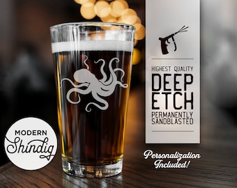 Octopus Pint Glass, Giant Octopus Etched Glasses, Ocean, Personalize this Stemless Wine, Pint or Whiskey Glass Deeply Sandblasted