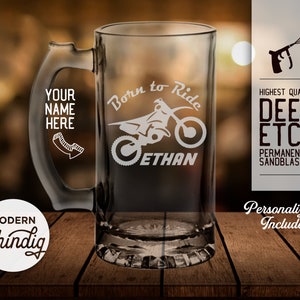 Dirt Bike Personalized Pint Glass, Beer Mug or Whiskey Glass, Personalize this Glass, Deeply Sandblasted, Motocross Bike, BMX, Custom Gift image 3