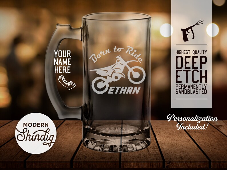 Dirt Bike Personalized Pint Glass, Beer Mug or Whiskey Glass, Personalize this Glass, Deeply Sandblasted, Motocross Bike, BMX, Custom Gift image 3