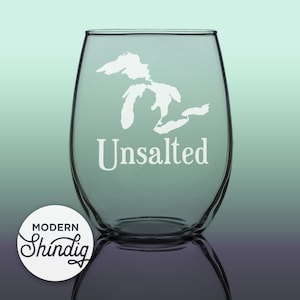 Etch Unsalted Great Lakes Michigan, Ready to Ship, Hand Etched Glasses, Beer and Wine Glasses, Choose Your Glass, Deeply Engraved Glassware image 1