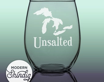 Etch Unsalted Great Lakes Michigan, Ready to Ship, Hand Etched Glasses, Beer and Wine Glasses, Choose Your Glass, Deeply Engraved Glassware