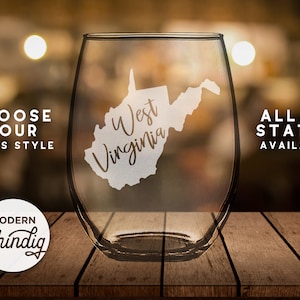 ¡Etch West Virginia State Silhouette Wine Glass, Pint Glass, Whiskey Glass y más! Vidrio grabado de Virginia Occidental