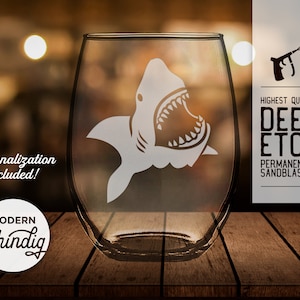 Shark Attack Wine Glass, Shark and Waves, Ocean, Personalize this Stemless Wine, Pint or Whiskey Glass Deeply Sandblasted, Etched Glass