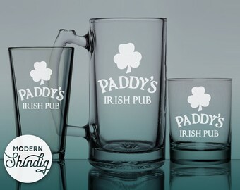 Etch Paddy's Pub Glasses, Ready to Ship Paddy's Irish Pub Beer Mug, Hand Etched, Pint Glass, Beer Mug, Whiskey or Pilsner Glass