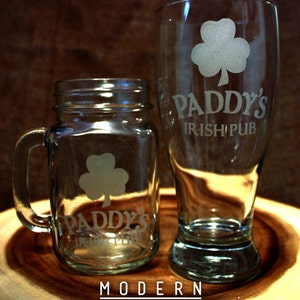 Etch Irish Beer Glasses Paddy's Irish Pub Etched Glasses Beer Mugs, pints and more!