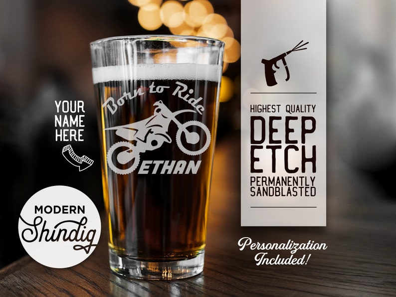 Dirt Bike Personalized Pint Glass, Beer Mug or Whiskey Glass, Personalize this Glass, Deeply Sandblasted, Motocross Bike, BMX, Custom Gift image 1