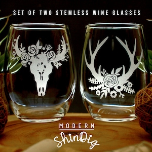 Etch Set of Two Stemless Wine Glasses - Rustic Western Style Antlers and Steer Skull - Pair of Etched Stemless Wine Glasses