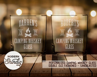 Set of Two Personalized Camping Whiskey Glasses  - Sandblasted -  Double Old Fashioned - Etched Rocks Glass Custom name and Year