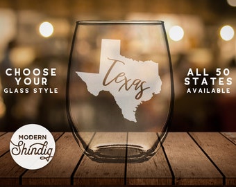 Etch Texas State Silhouette Wine Glass, Pint Glass, Whiskey Glass and More! Texas Etched Glass