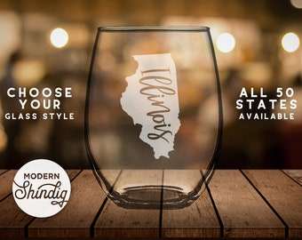 Etched Illinois State Silhouette Glass: Wine, Pint, Whiskey