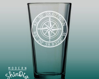 Compass with Coordinates Pint Glass - Coordinate Gift - Sandblasted Glass - Coordinate Beer Glass - Travel - Moving Gift - Gifts For Him