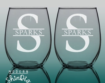 Custom Wine Glasses - Last Name - Monogram Etched Stemless Wine Glasses  - Set of Two - Gift Set - Gifts for Two - Sandblasted Glassware