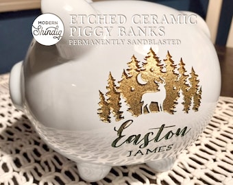 Personalized Ceramic Piggy Bank with Engraving, Sandblasted Blue Pink or Gray Banks, Baby Gift, Baby Shower, Etched Piggy Bank with Name