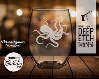 Octopus Wine Glass, Giant Octopus Etched Glasses, Ocean, Personalize this Stemless Wine, Pint or Whiskey Glass Deeply Sandblasted