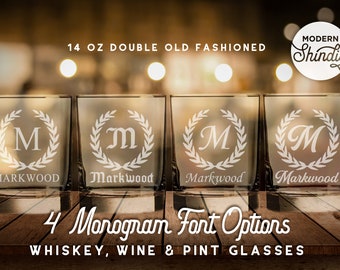 Personalized Initial Etched Glasses with Classic Laurel, Last Name Monogrammed Sandblasted Glasses, Personalized Wine, Whiskey or Pint Glass