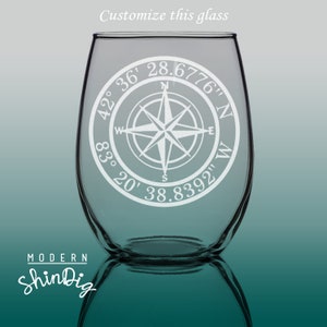 Set of 10 Compass with Coordinates Stemless Wine Glasses- Coordinate Gift - Sandblasted Glass - Custom Coordinate - Travel - Moving Gift