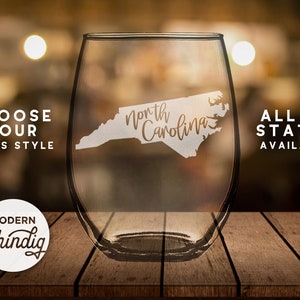 Etch North Carolina State Silhouette Wine Glass, Pint Glass, Whiskey Glass and More! North Carolina Etched Glass