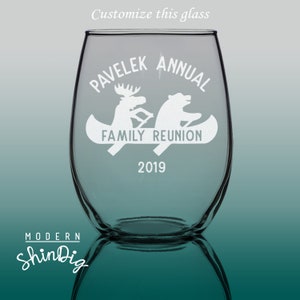 Etch Family Reunion Stemless Wine Glass - Canoe Trip - Customize Name and Date - Etched 21oz Stemless Wine Glass - Sandblasted Glass