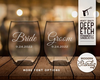 Bride and Groom Stemless Wine Glasses, Personalized with Wedding Date, Deeply Sandblasted Etched Wine Glasses, Custom Wedding Gift