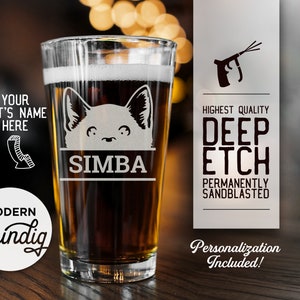 Personalized Cat Beer Glass, Pint Glass, Wine Glass or Whiskey Glass, Kitten Glass, Personalize with your pet&#39;s name, Deeply Sandblasted