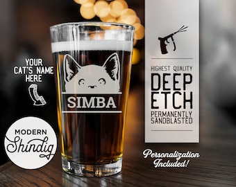 Personalized Cat Beer Glass, Pint Glass, Wine Glass or Whiskey Glass, Kitten Glass, Personalize with your pet's name, Deeply Sandblasted