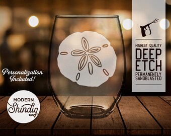 Sand Dollar Etched Wine Glass, Deep Etch Sand Dollar, Personalize this Stemless Wine, Pint or Whiskey Glass, Deeply Sandblasted