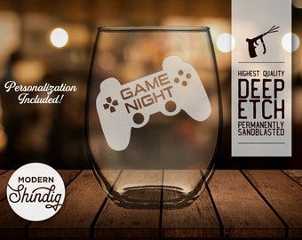 Game Night Wine Glass, Whiskey, or Pint Glass Deeply Sandblasted, Video Game Gife, Gamers, Game Controller
