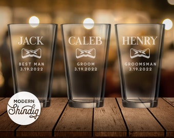 Groomsman Beer glasses, Bow-tie with Name, title and Date.  Multi-Glass Discount! Sandblasted pint glasses, Wedding or Bachelor Party Favors