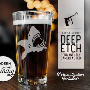 Shark Attack Pint Glass, Shark and Waves, Ocean, Personalize this Stemless Wine, Pint or Whiskey Glass Deeply Sandblasted, Etched Glass