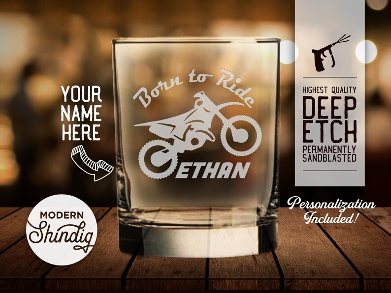 Dirt Bike Personalized Pint Glass, Beer Mug or Whiskey Glass, Personalize this Glass, Deeply Sandblasted, Motocross Bike, BMX, Custom Gift image 5