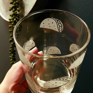 Taco whiskey glasses, Cinco De Mayo, Fiesta, sandblasted rocks glass, Tacos Etched in the round, Taco Party image 5