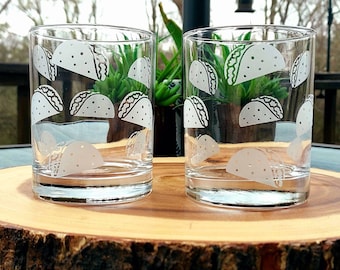 Taco whiskey glasses, Cinco De Mayo, Fiesta, sandblasted rocks glass, Tacos Etched in the round, Taco Party