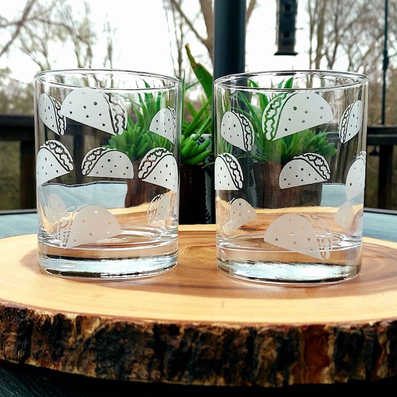 Taco whiskey glasses, Cinco De Mayo, Fiesta, sandblasted rocks glass, Tacos Etched in the round, Taco Party image 1