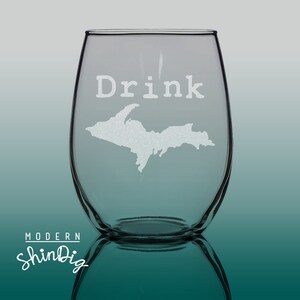 Michigan Upper Peninsula Sandblasted Stemless Wine Glass