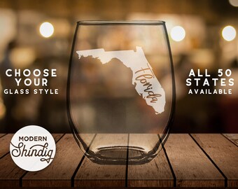 Etch Florida State Silhouette Wine Glass, Pint Glass, Whiskey Glass and More! Florida Etched Glass