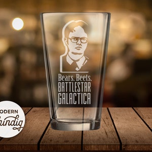 Dwight Schrute Pint Glass: Etched &#39;Bears Beets Battlestar Galactica&#39; Beer Glass