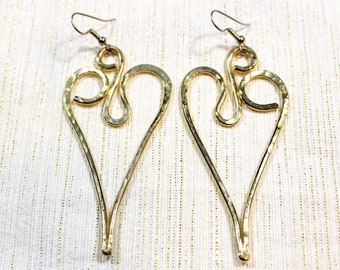 Solid Brass Long Heart Earrings