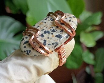 Dalmatian Jasper Wire Wrapped Copper Ring, Hand Hammered, Hand Made Statement Ring, Big Ring, Long Ring, White Ring, Black Ring, Tan Ring