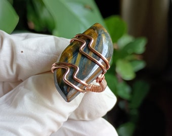 Tigers Eye Wire Wrapped Copper Ring, Hand Hammered, Hand Made Statement Ring, Big Ring, Show Ring, Long Ring, Tigers Iron, Marbled