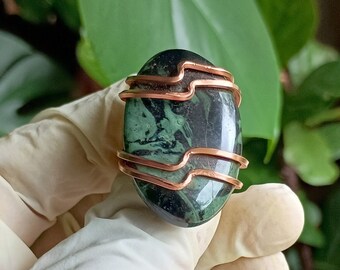 African Kambaba Jasper Wire Wrapped Copper Ring, Hand Hammered, Statement Ring, Green Ring,Show Ring, Oval Ring, White Ring, Tourmaline