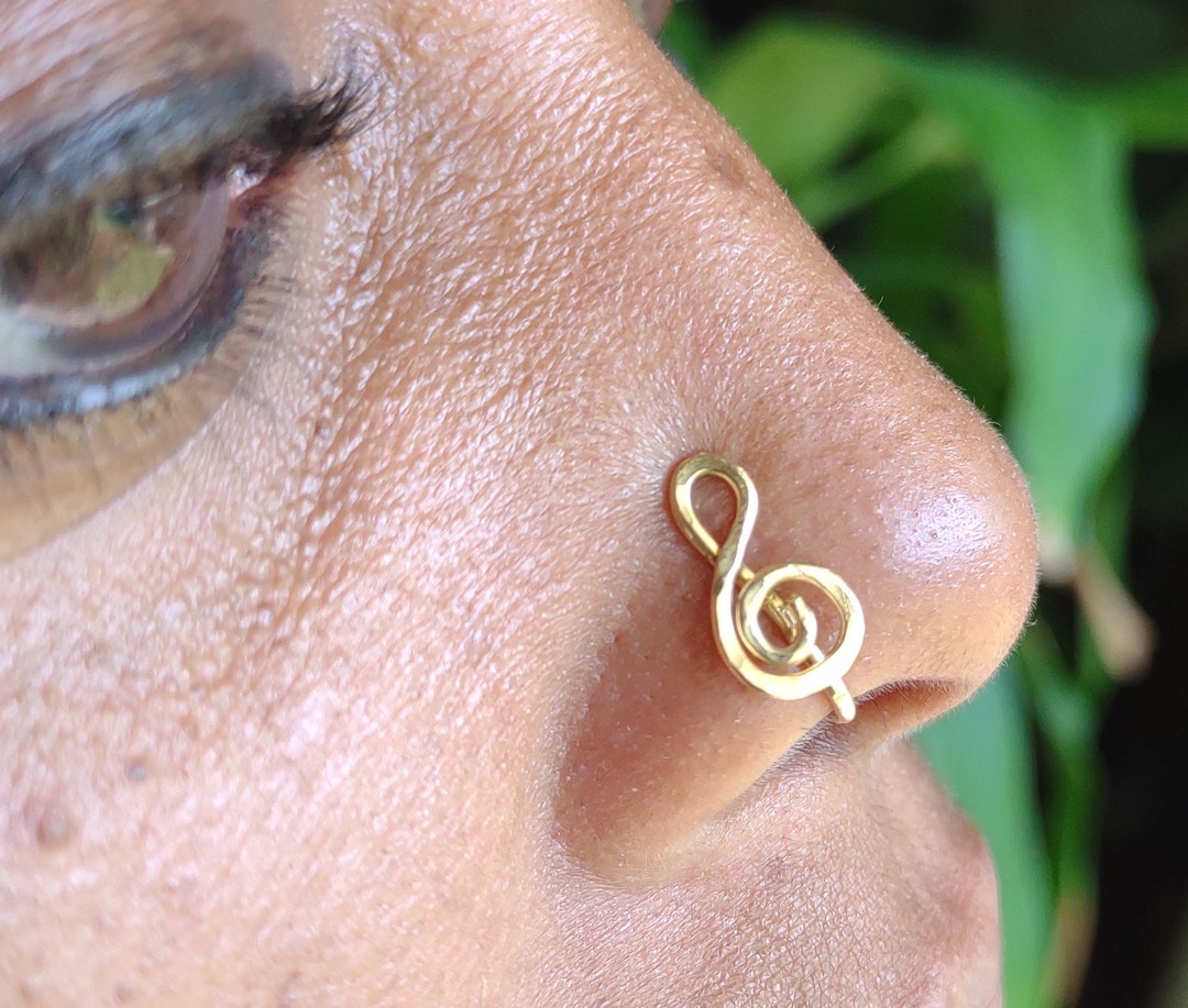 Solid Brass Nose Cuff, Nose Clip, Gold Nose Jewelry, Treble Clef Nose