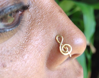 12K Gold Filled Nose Cuff, Nose Clip, Gold Nose Jewelry, Treble Clef Nose Cuff, Body Jewelry, Faux Nose Ring, Septum Cuff, Music Jewelry