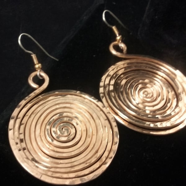 Round Brass Earrings, Hand Hammered Brass Earring, Jewelers Bronze Earrings, Large Women's Earring, Spiral Design, Hand Forged