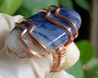 Blue Sodalite Wire Wrapped Copper Ring, Hand Hammered Statement Ring, Blue Ring, Show Ring, Oval Ring, Big Ring, Blue Jewelry