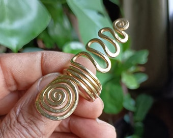 Solid Brass Spiral Ring,  Hand Hammered Kundalini Women's Gold Ring, Long Statement Ring,